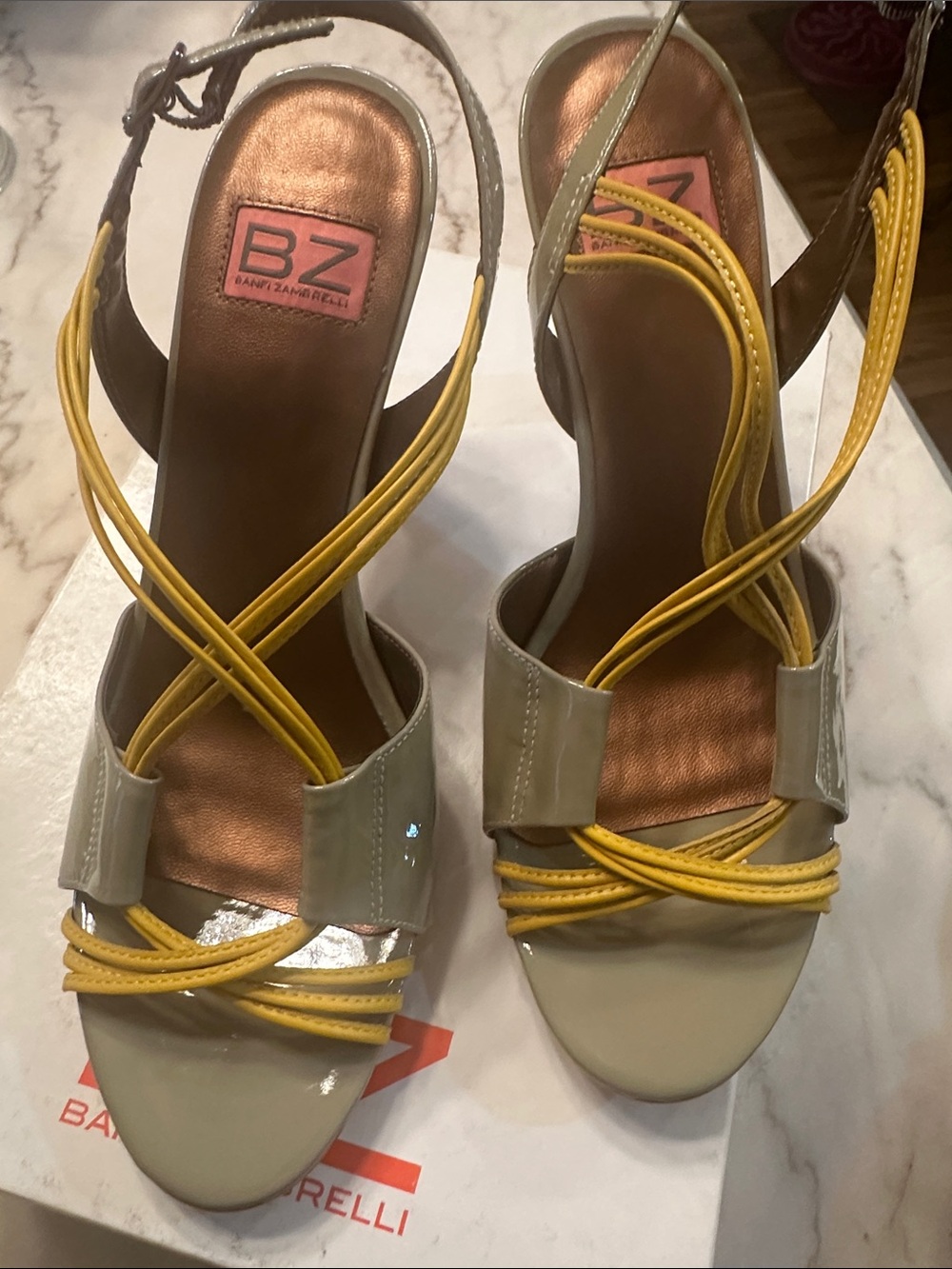 By Banfi Zambrelli Cream & Yellow Strappy Women's Sandals. RARE FIND
